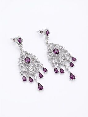 Silver-Tone Purple Crystal Chandelier Earrings - Unbranded